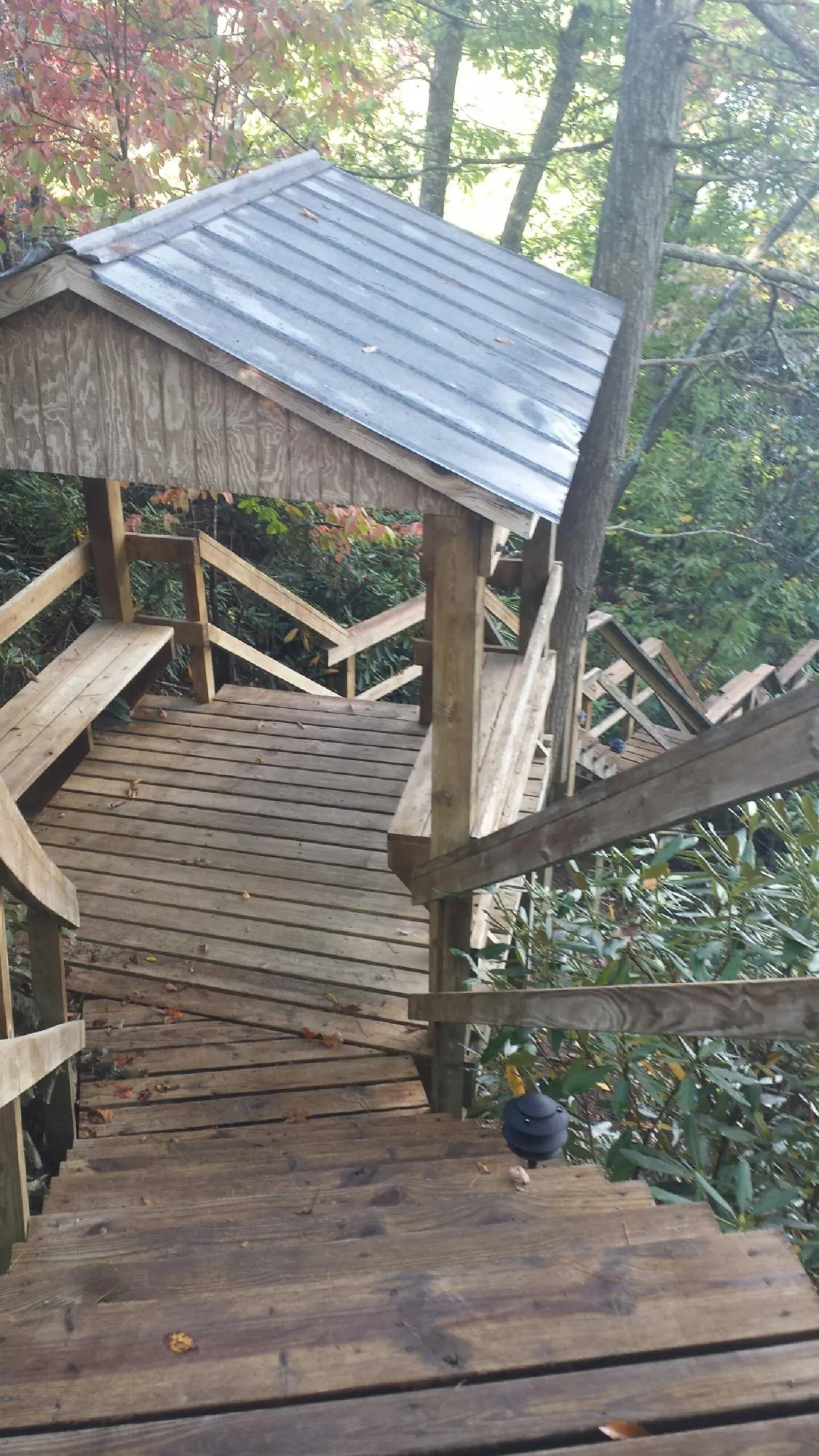 Metal roofed shelter over wooden steps on a wooded walkway — Skylight Repair & Installation work by our crew in Palo Cedro